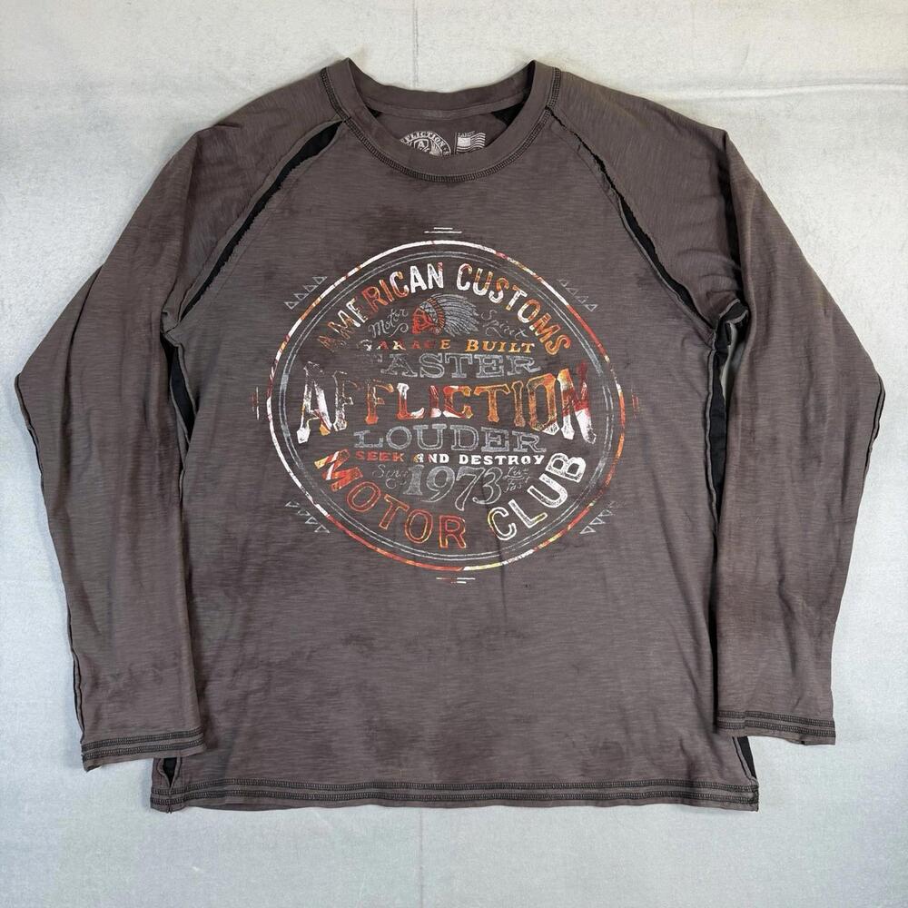 Affliction Motor Club Shirt Mens Large Gray Long Sleeve Biker Graphic USA Made